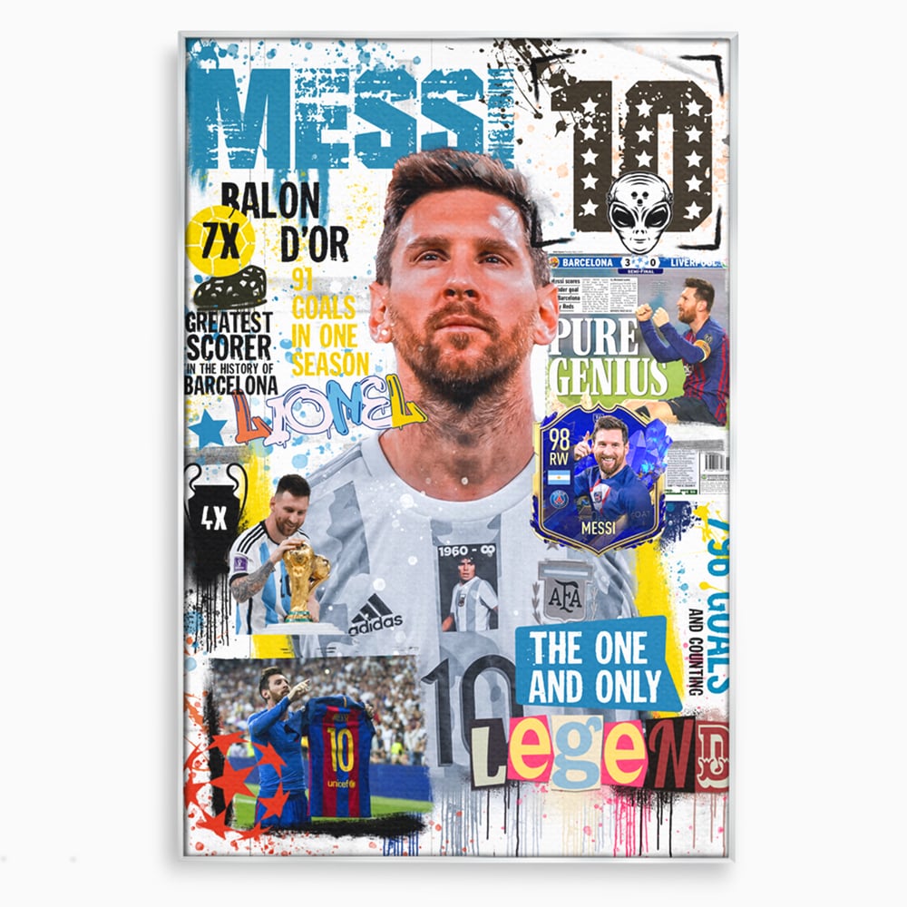 Tablou canvas cu tablou canvas cu lionel messi, in rama de aluminiu argintiu